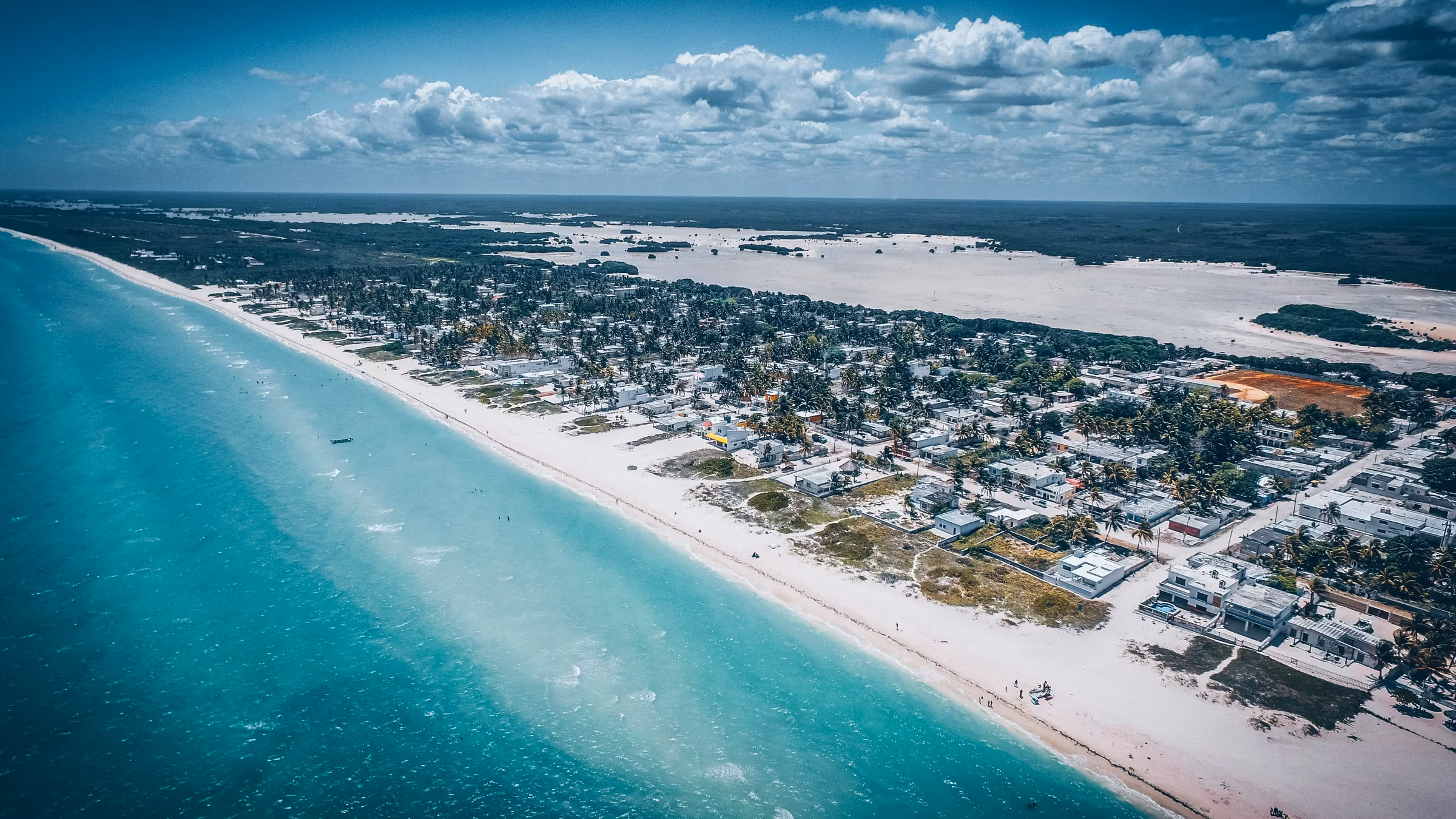 Aerial view of pristine white sand beach and turquoise water, Mexico