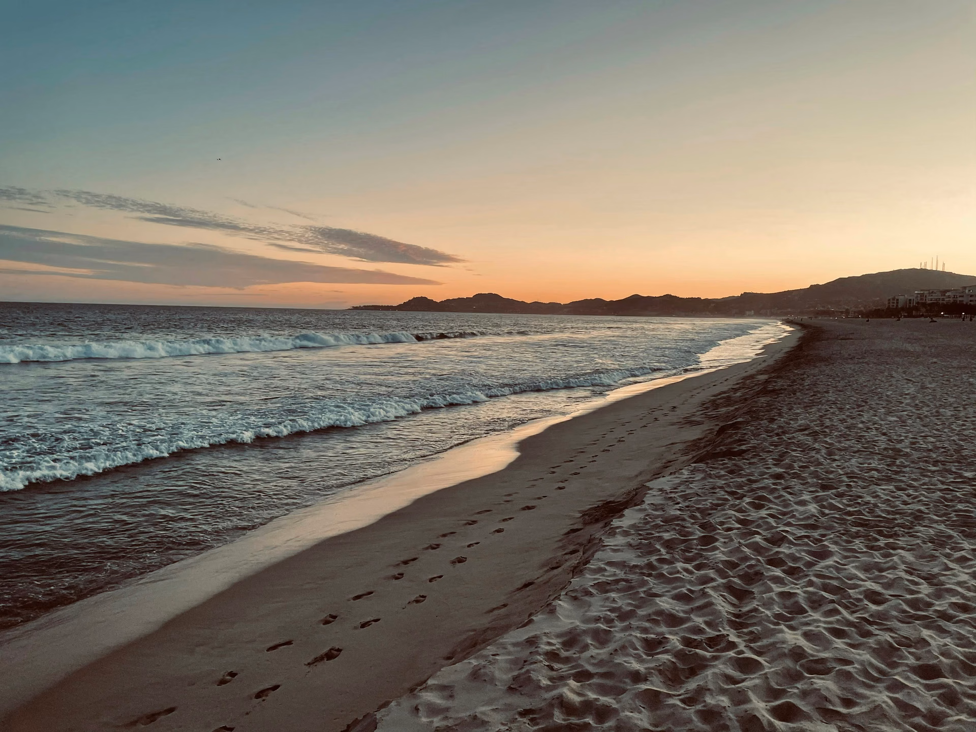 San José del Cabo beach at sunset with the Sea of Cortez beyond, Las Mañanitas setting, Los Cabos